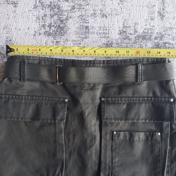 Olive Green Waxed Denim Jean Belted Utility Mini Skirt with Pockets - Picture 4 of 10